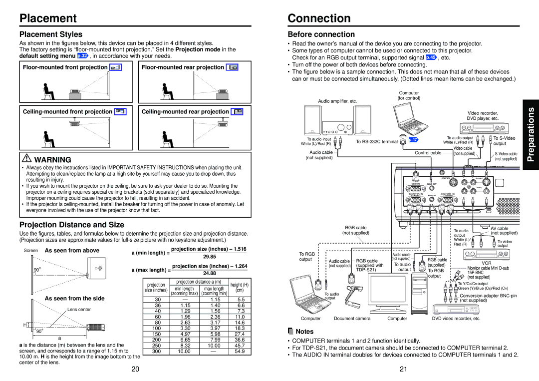 Toshiba TDP-S20, TDP-S21 owner manual Connection, Placement Styles, Before connection, Projection Distance and Size 