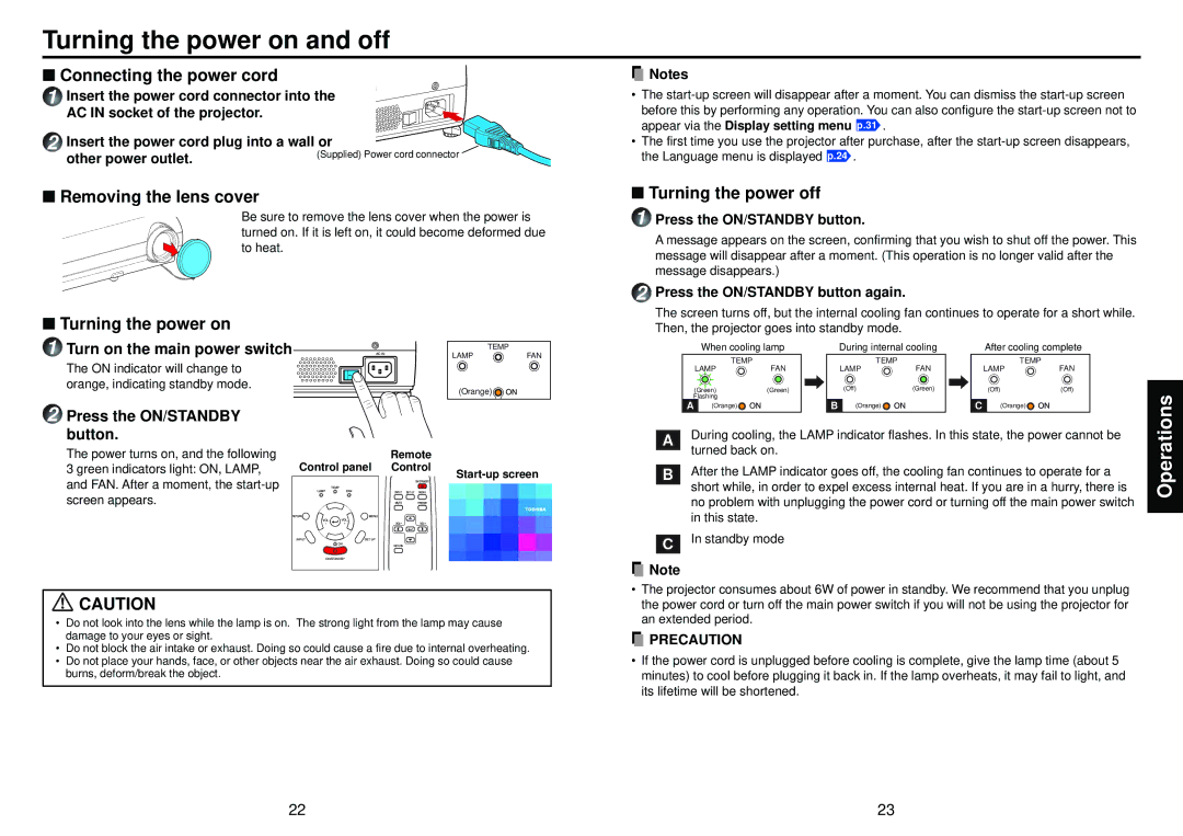 Toshiba TDP-S21, TDP-S20 owner manual Turning the power on and off, Operations 