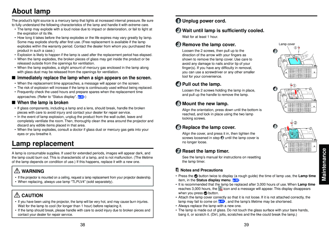 Toshiba TDP-S21, TDP-S20 owner manual About lamp, Lamp replacement, Maintenance 