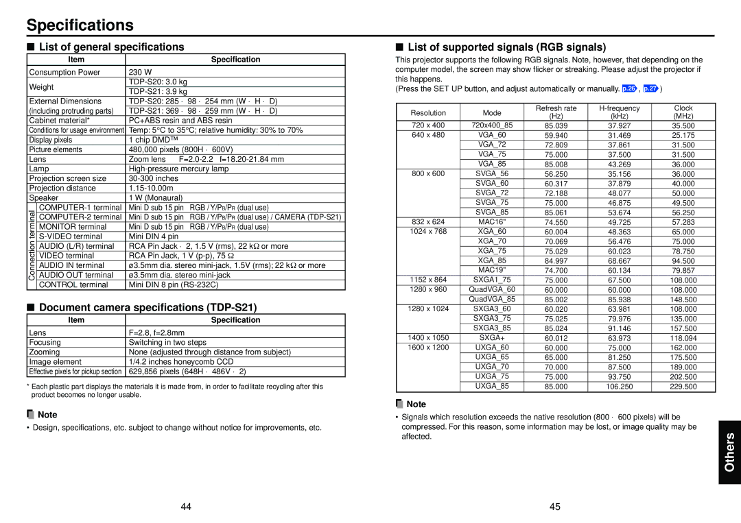 Toshiba TDP-S20 owner manual Specifications, List of general specifications, Document camera specifications TDP-S21 