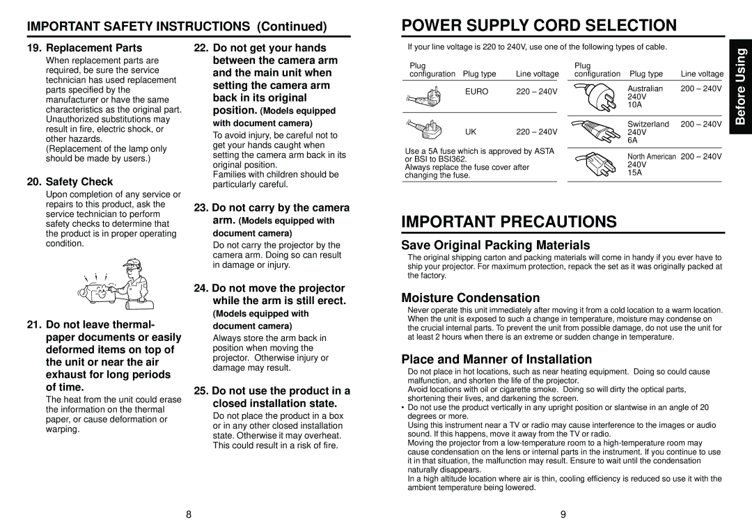 Toshiba TDP-S20 Power Supply Cord Selection, Important Precautions, Save Original Packing Materials, Moisture Condensation 