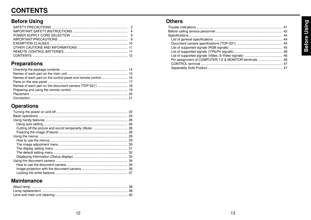 Toshiba TDP-S20, TDP-S21 owner manual Contents 