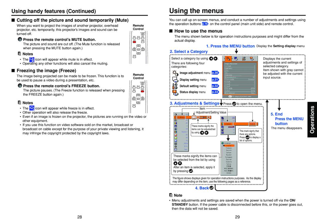 Toshiba TDP-S21 owner manual Using the menus, Using handy features, Cutting off the picture and sound temporarily Mute 