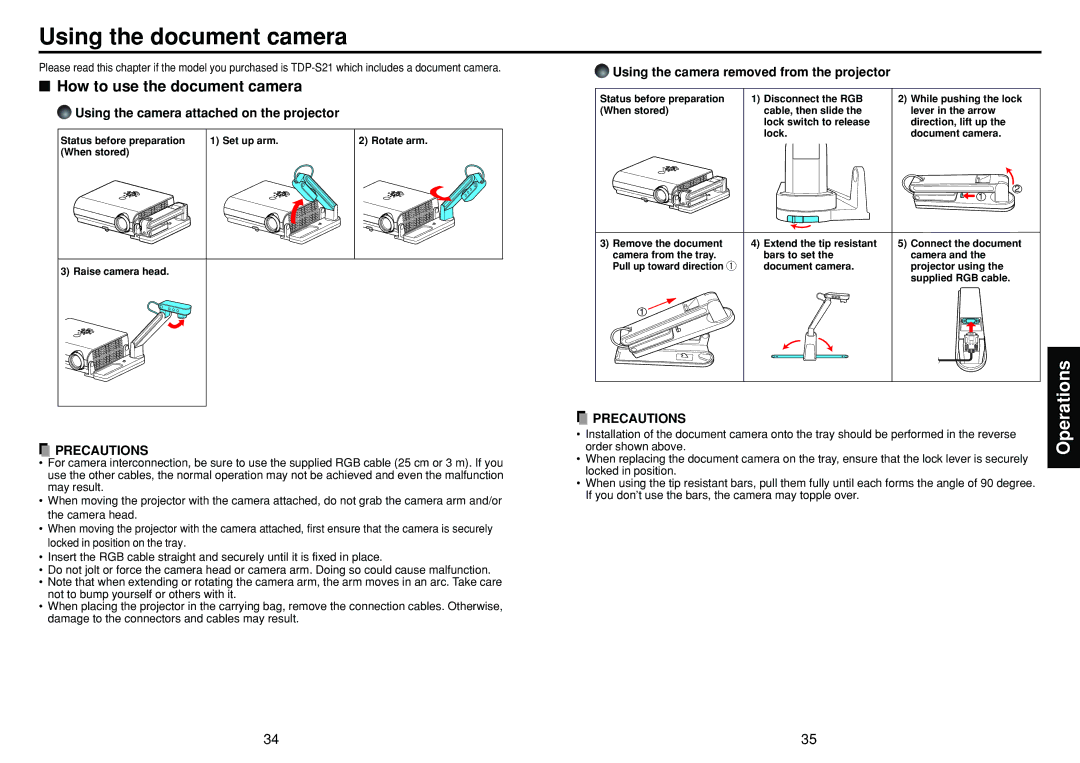 Toshiba TDP-S21 owner manual Using the document camera, How to use the document camera 