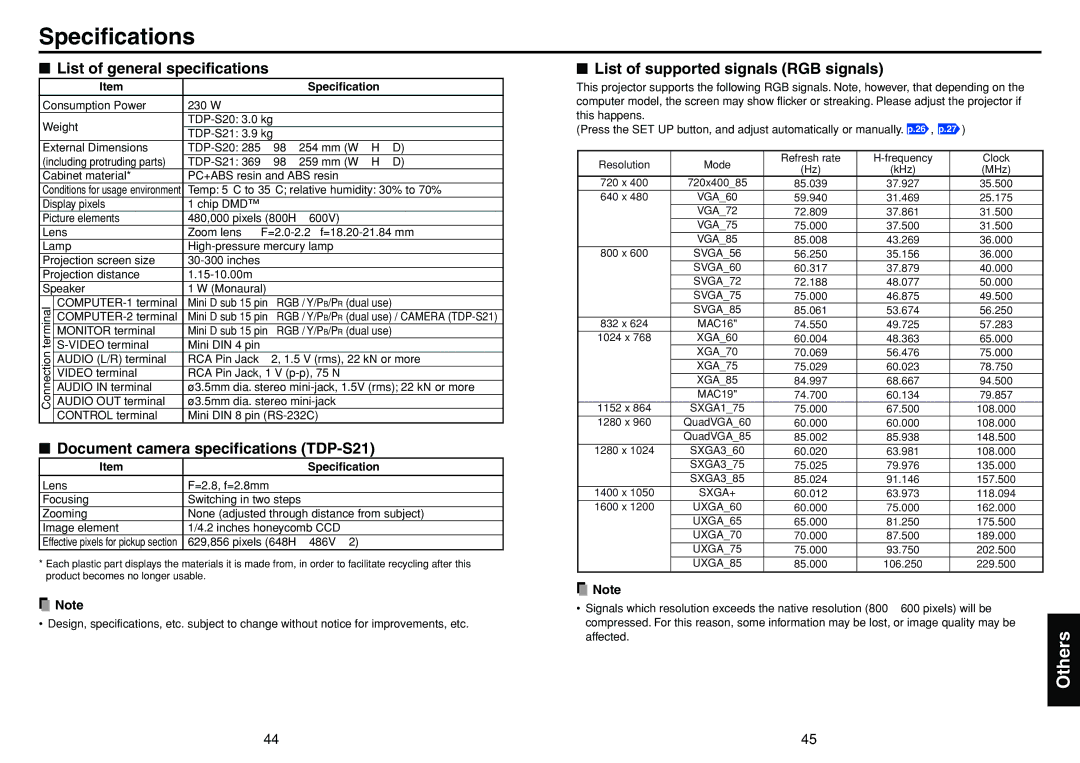 Toshiba owner manual Specifications, List of general specifications, Document camera specifications TDP-S21 