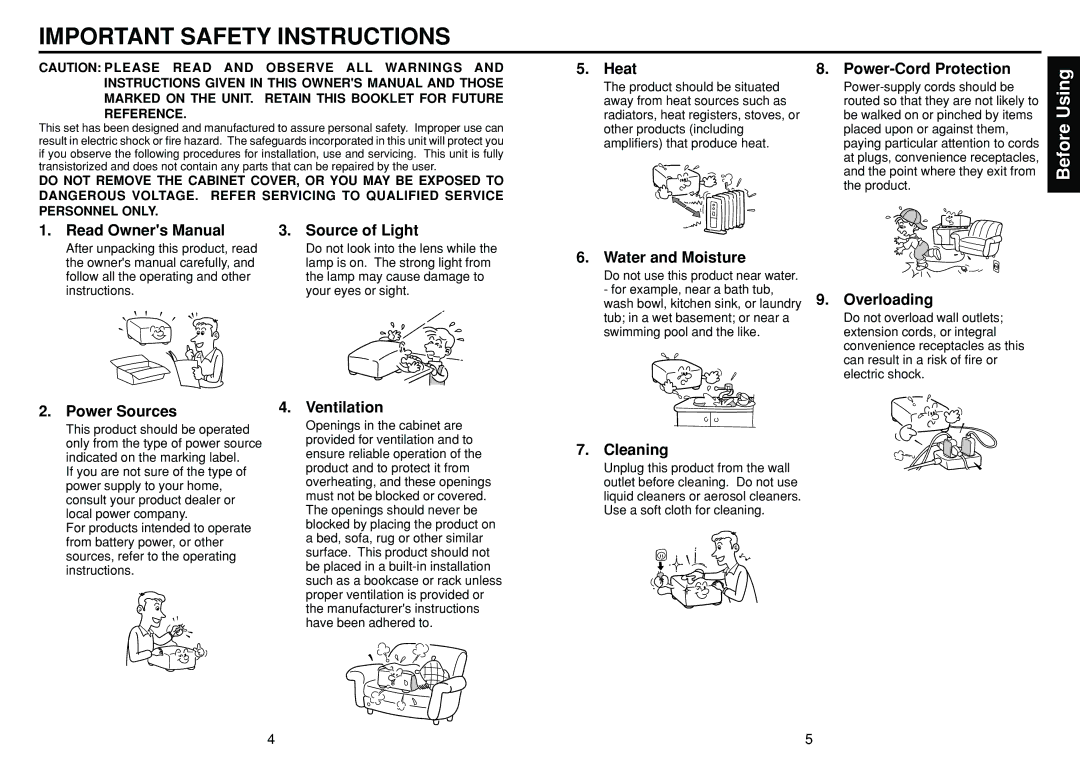 Toshiba TDP-S21 owner manual Important Safety Instructions, Before Using 