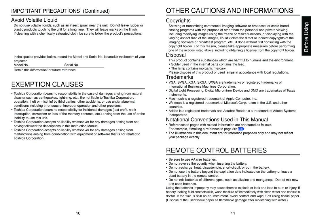 Toshiba TDP-S21 owner manual Exemption Clauses, Other Cautions and Informations, Remote Control Batteries 