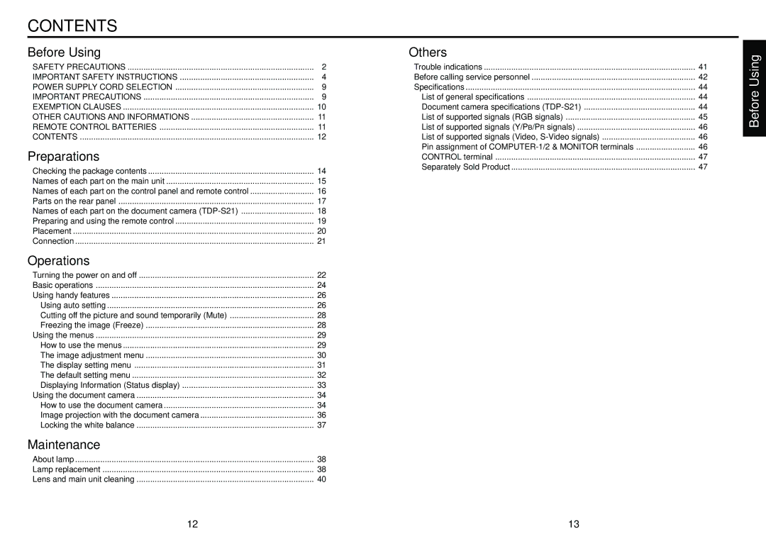 Toshiba TDP-S21 owner manual Contents 