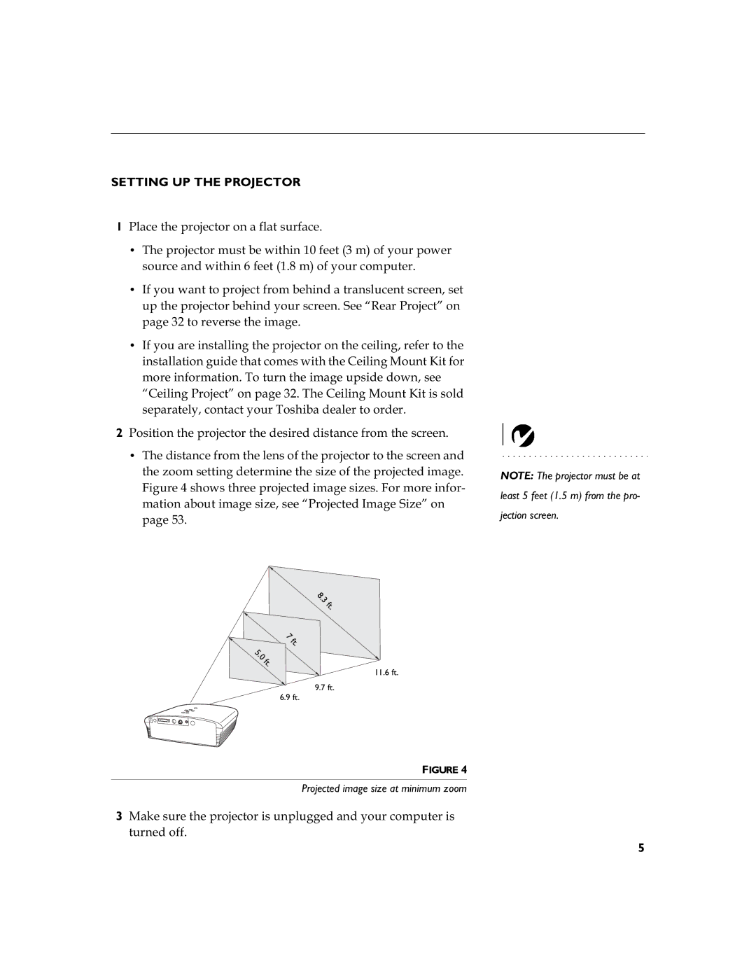 Toshiba TDP-S3 manual Setting UP the Projector, 3ODFHWKHSURMHFWRURQDIODWVXUIDFH, Wxuqhgrii 