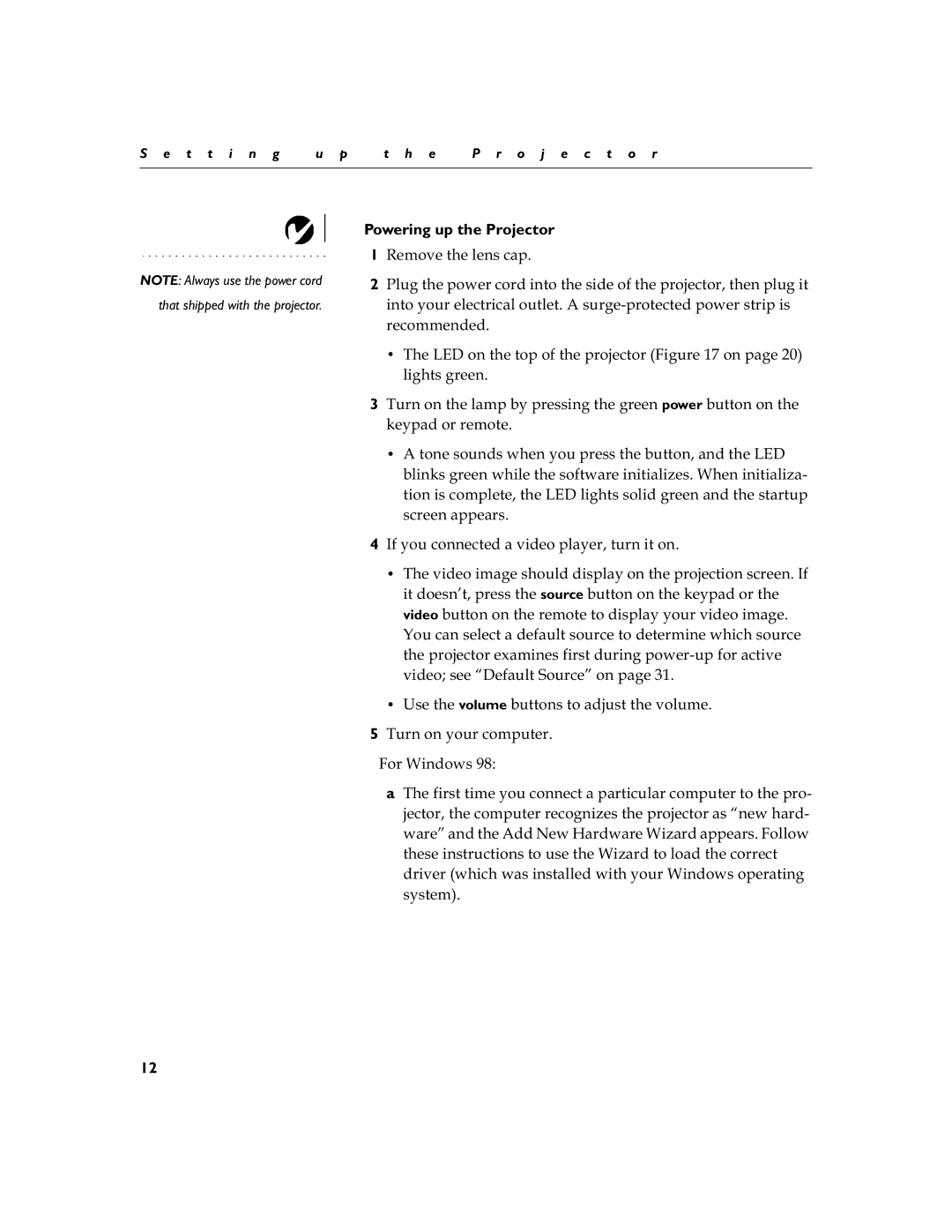 Toshiba TDP-S3 manual Powering up the Projector 