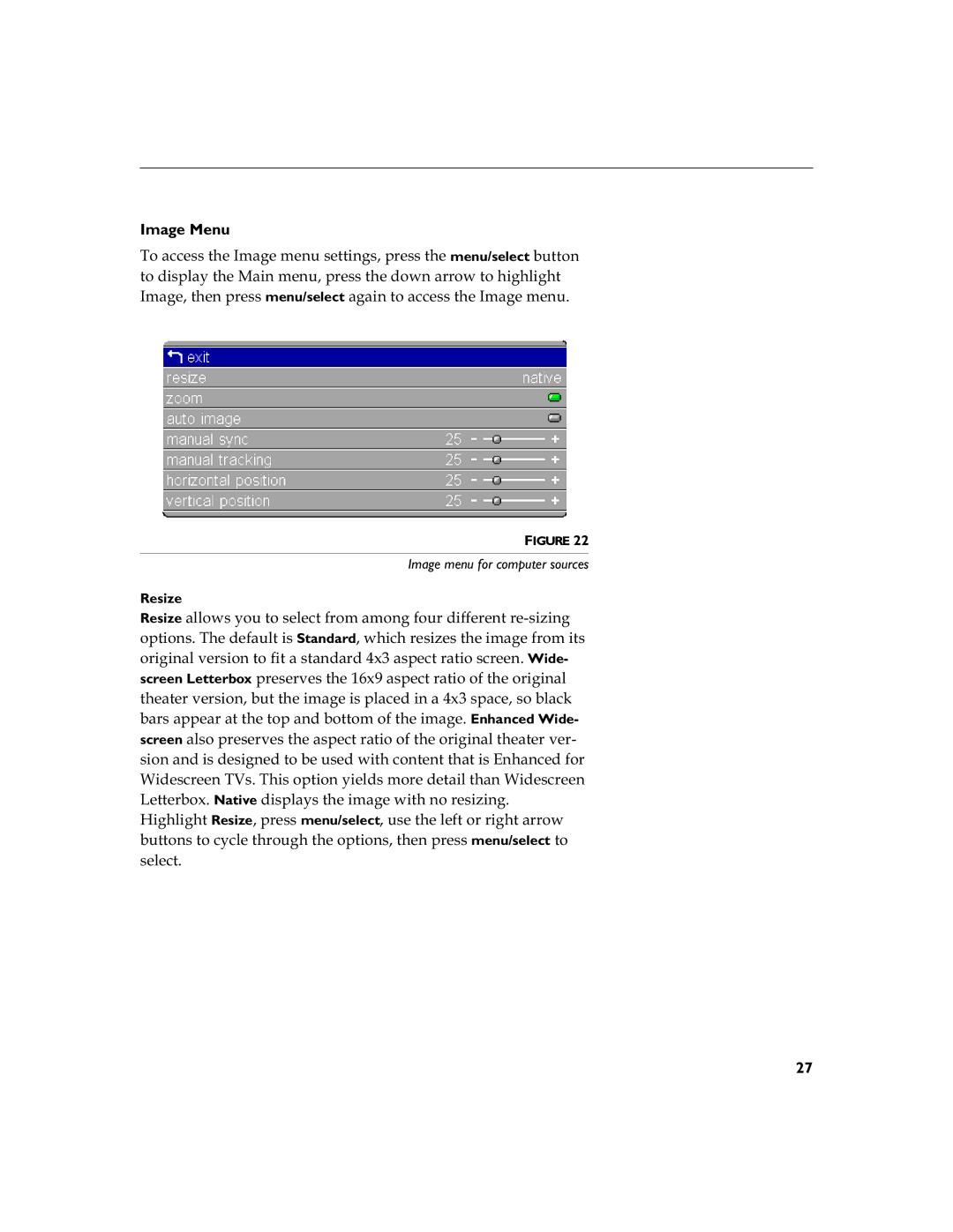 Toshiba TDP-S3 manual Image Menu, Vhohfw, Resize 