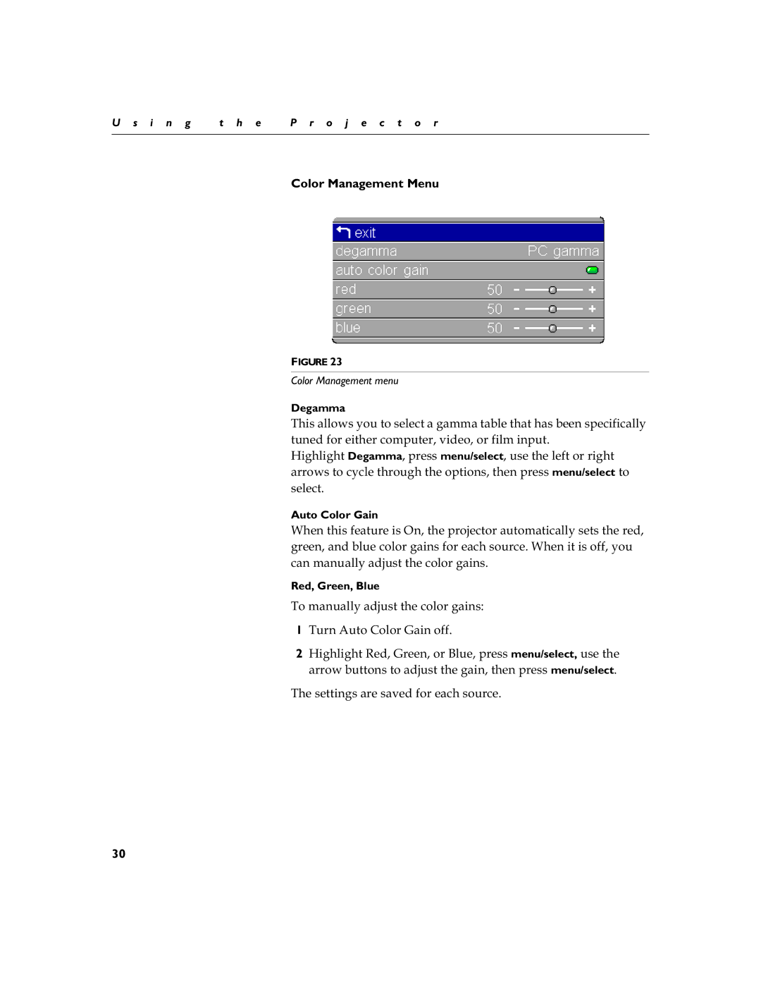 Toshiba TDP-S3 Color Management Menu, 7RPDQXDOO\DGMXVWWKHFRORUJDLQV 7XUQ$XWR&RORU*DLQRII, 7KHVHWWLQJVDUHVDYHGIRUHDFKVRXUFH 