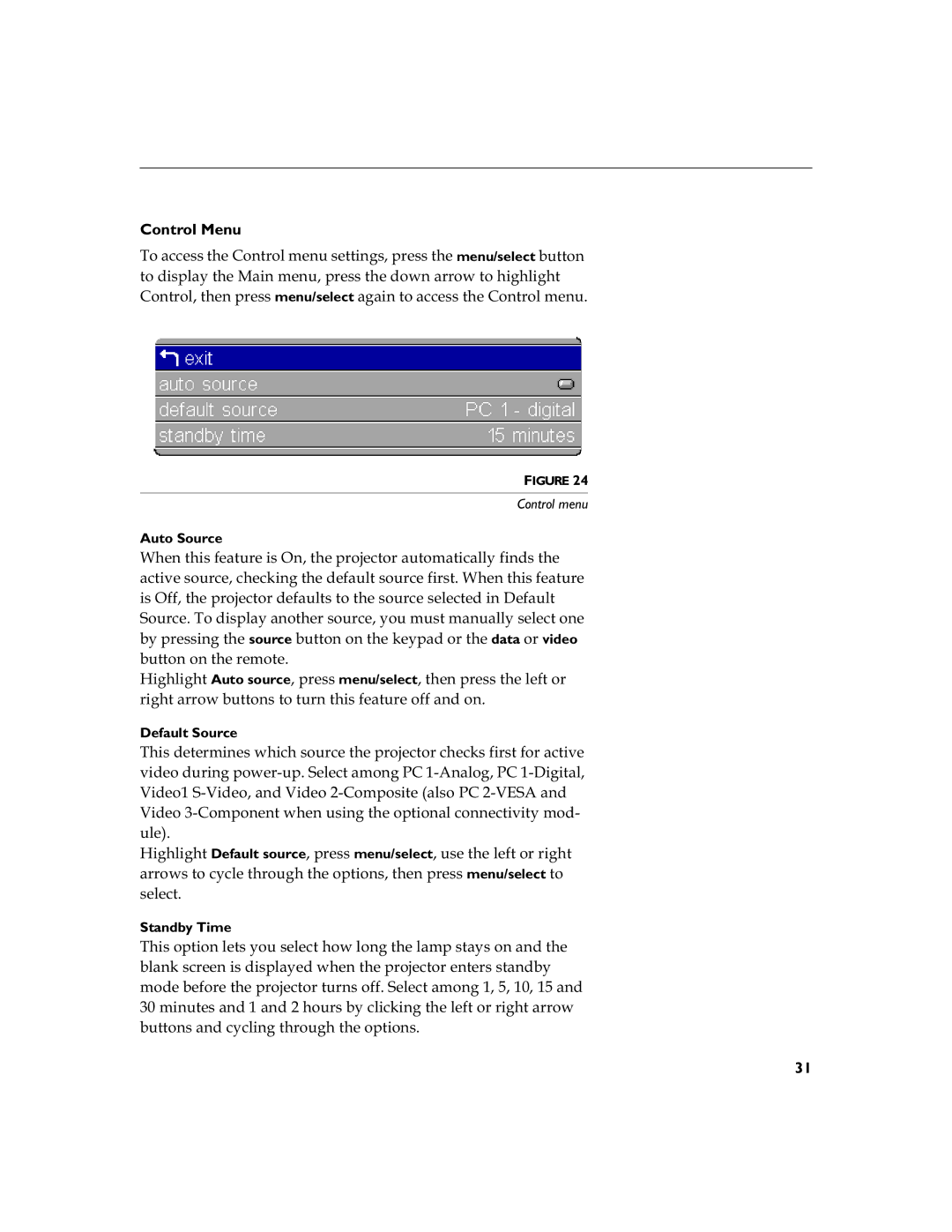 Toshiba TDP-S3 Control Menu, 7KLVRSWLRQOHWV\RXVHOHFWKRZORQJWKHODPSVWD\VRQDQGWKH, Auto Source, Default Source, Standby Time 