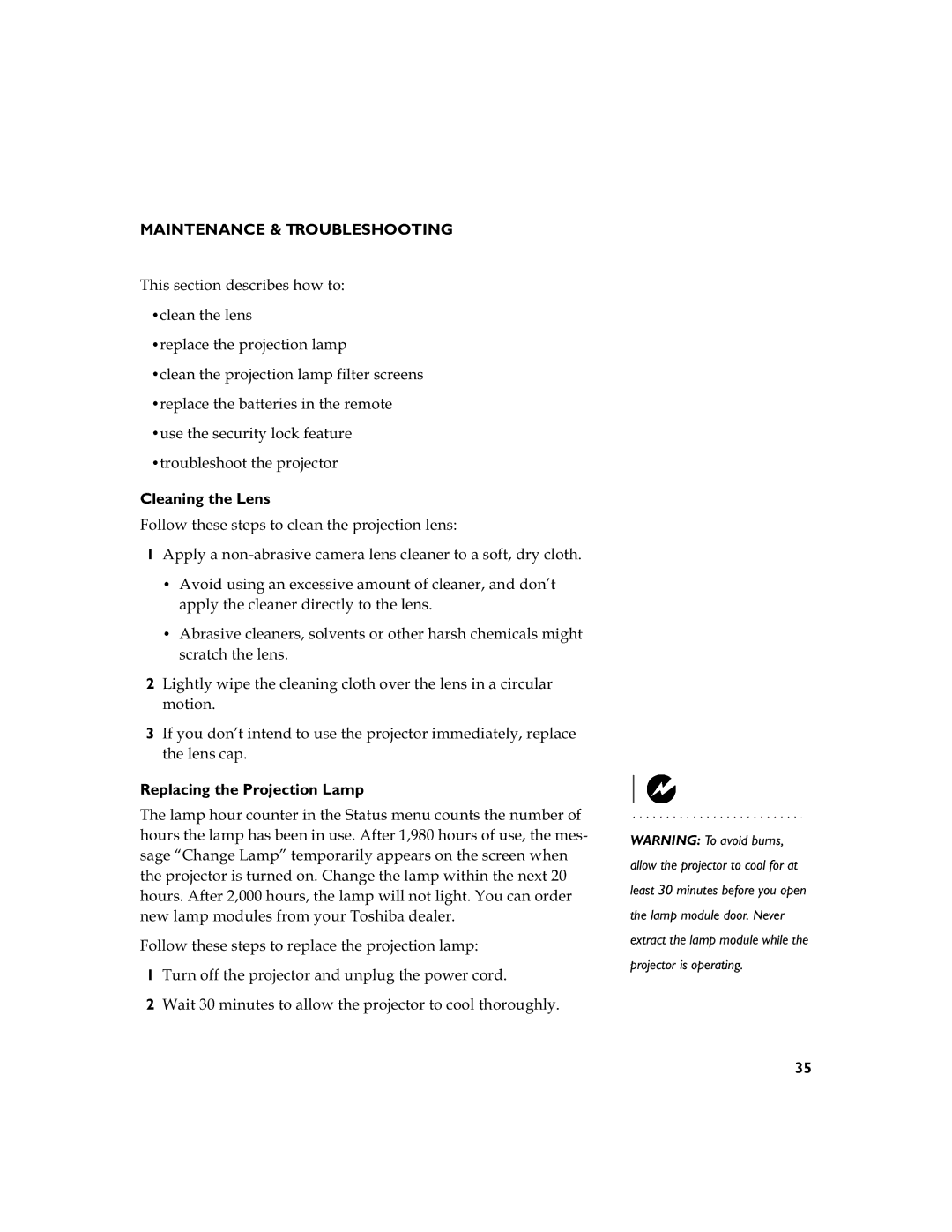 Toshiba TDP-S3 manual Maintenance & Troubleshooting, Cleaning the Lens, Prwlrq, Replacing the Projection Lamp 