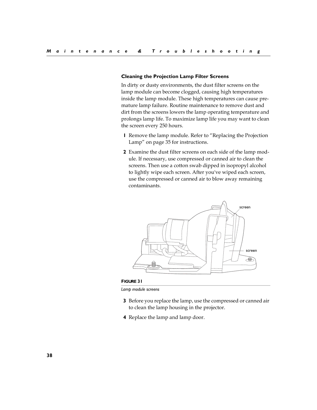 Toshiba TDP-S3 manual Cleaning the Projection Lamp Filter Screens, Frqwdplqdqwv 