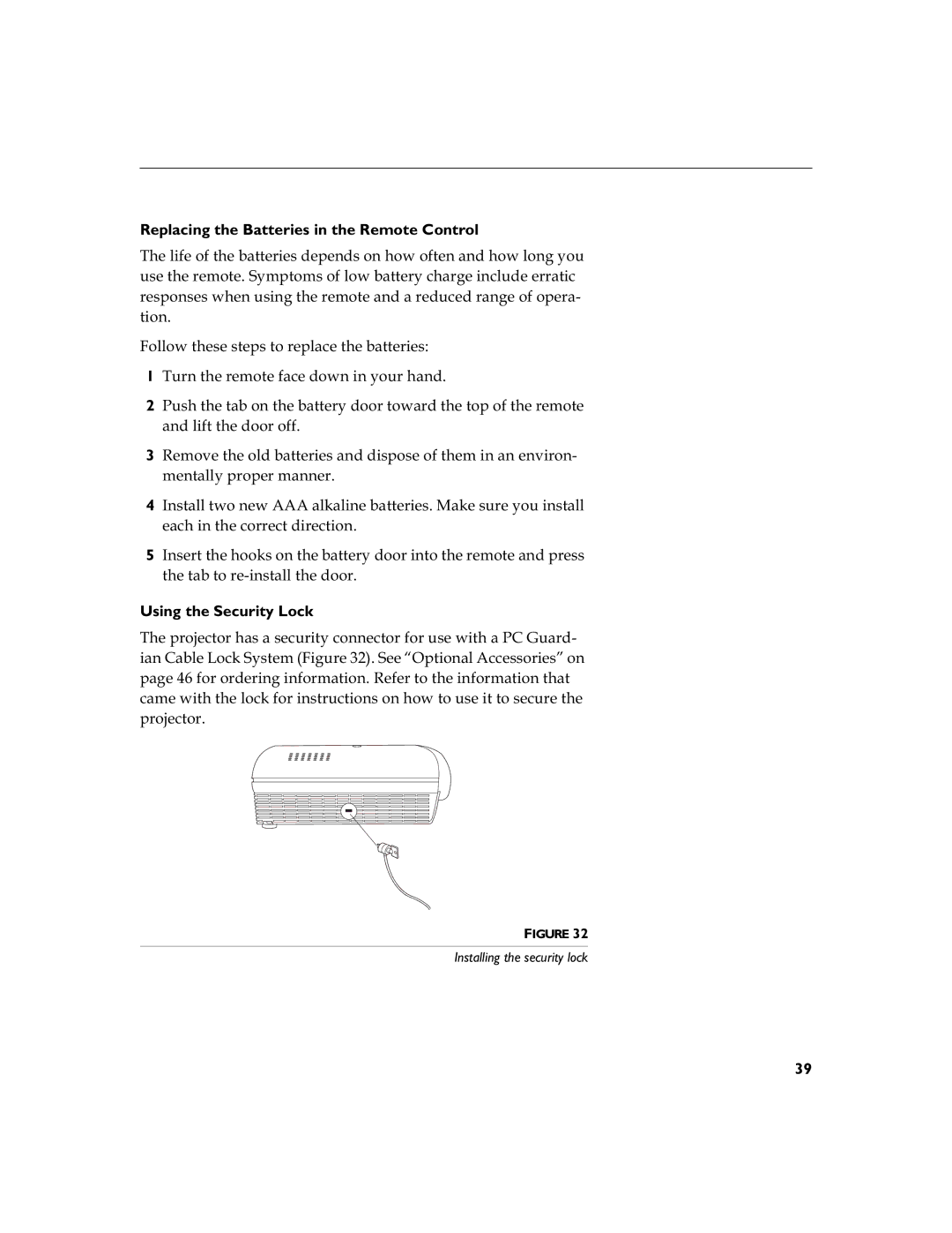 Toshiba TDP-S3 manual Replacing the Batteries in the Remote Control, Using the Security Lock 