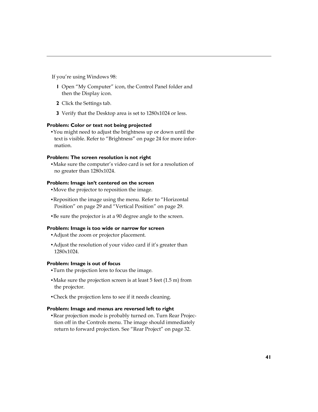 Toshiba TDP-S3 manual Problem Color or text not being projected, Problem The screen resolution is not right 