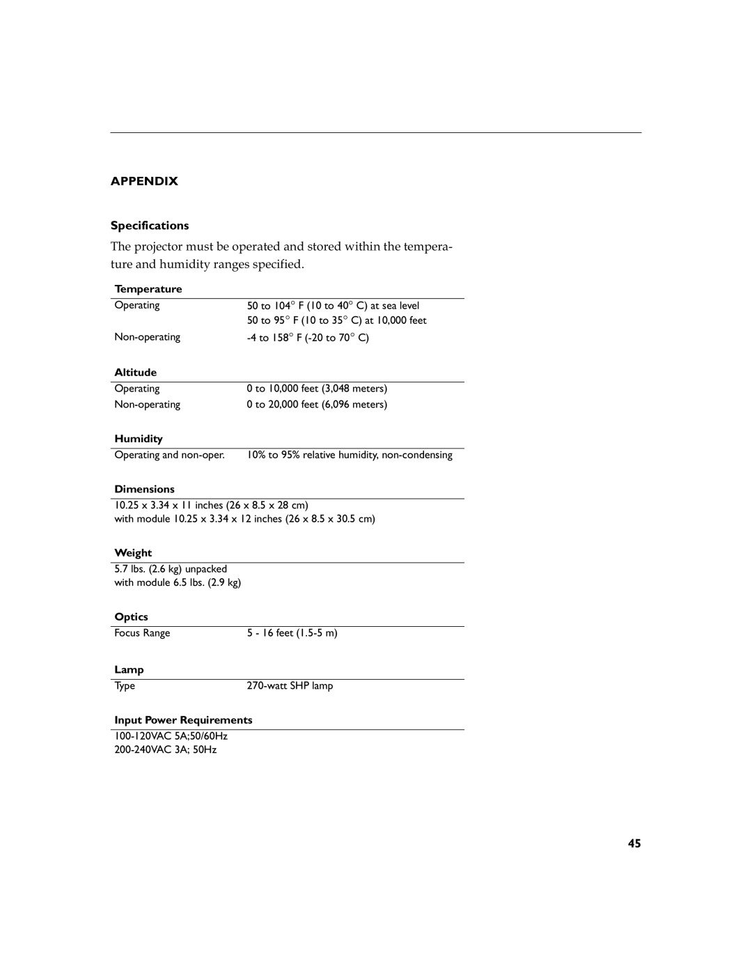 Toshiba TDP-S3 manual Appendix, Specifications 