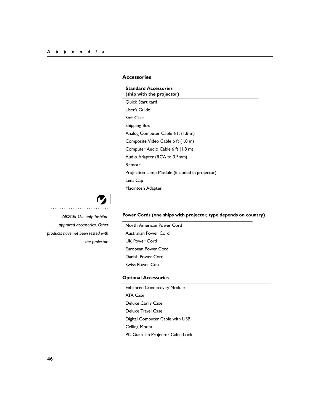 Toshiba TDP-S3 manual Standard Accessories ship with the projector, Optional Accessories 