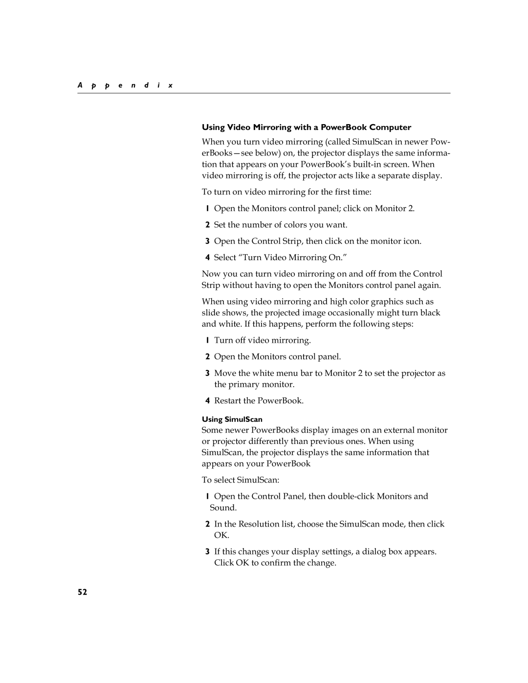 Toshiba TDP-S3 manual Using Video Mirroring with a PowerBook Computer 