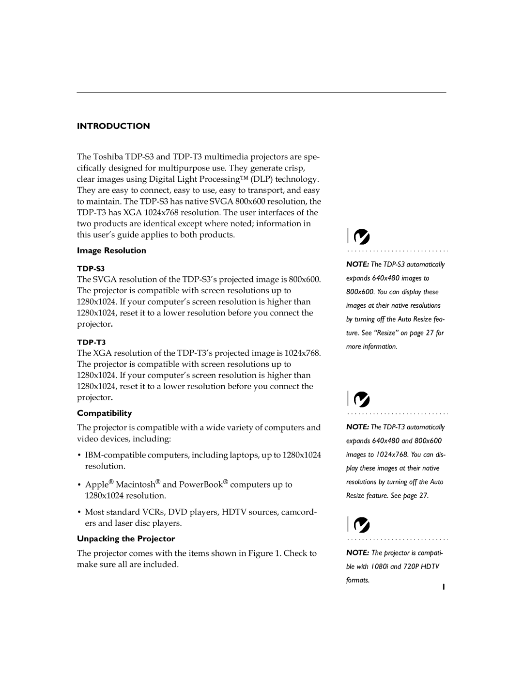 Toshiba TDP-S3 manual Introduction, Image Resolution, Compatibility, Unpacking the Projector 