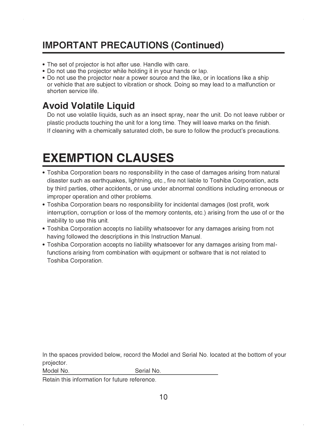 Toshiba TDP-S8 owner manual Exemption Clauses, Important Precautions, Avoid Volatile Liquid 