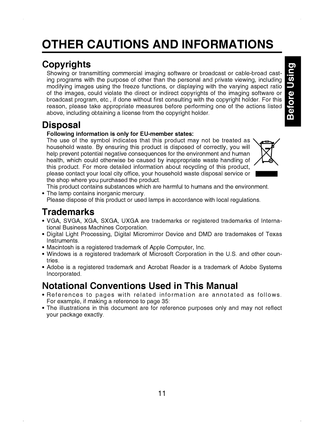 Toshiba TDP-S8 owner manual Other Cautions and Informations, Copyrights, Disposal, Trademarks 