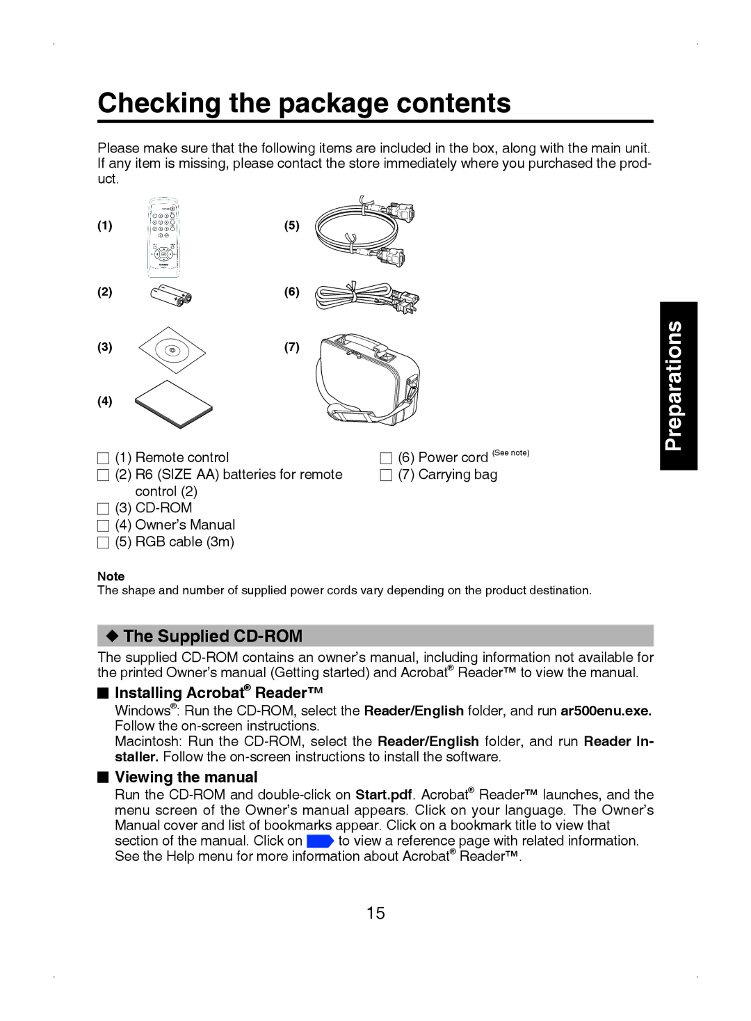 Toshiba TDP-S8 owner manual Checking the package contents 