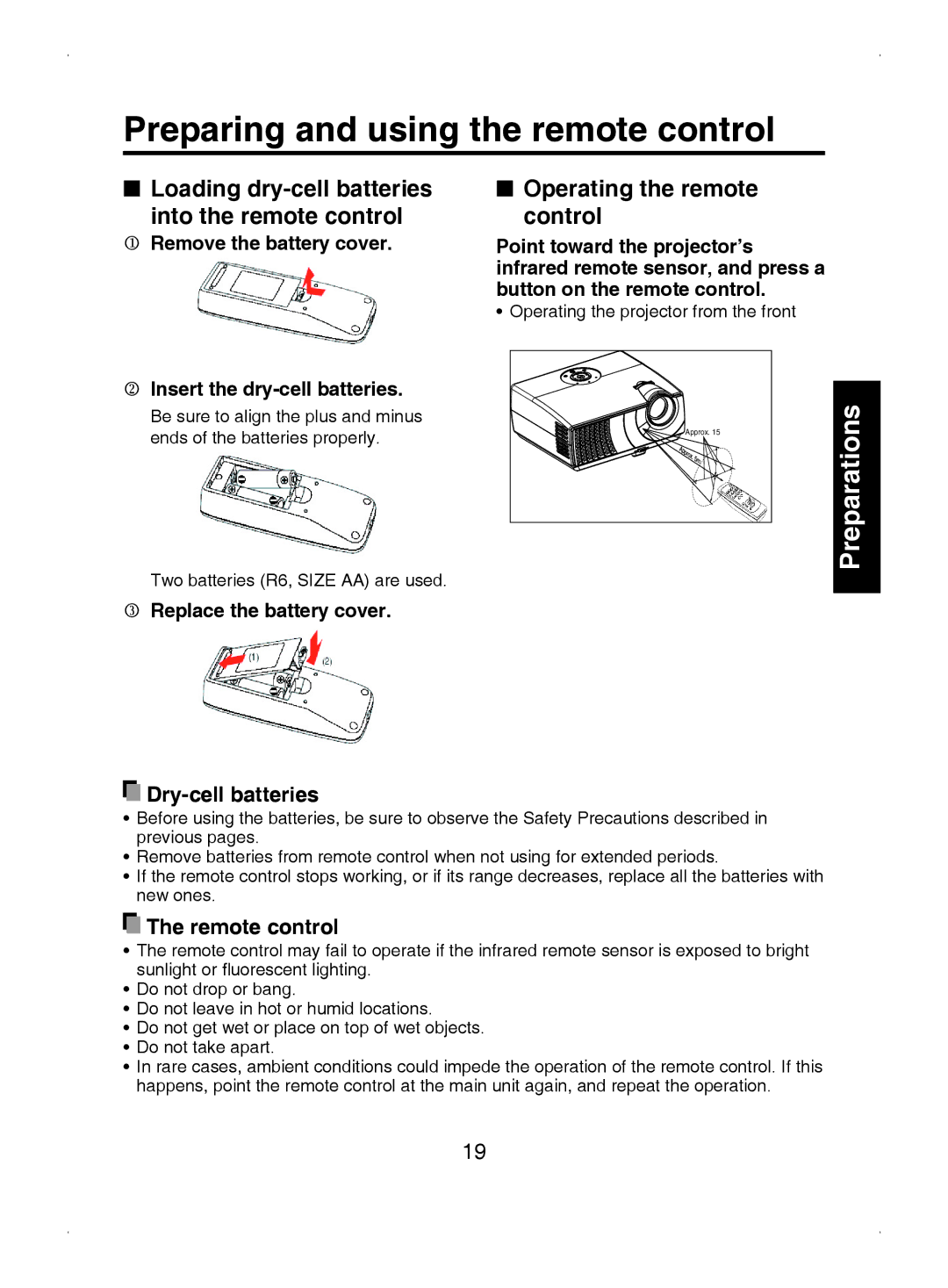 Toshiba TDP-S8 owner manual Preparing and using the remote control, Loading dry-cell batteries Into the remote control 