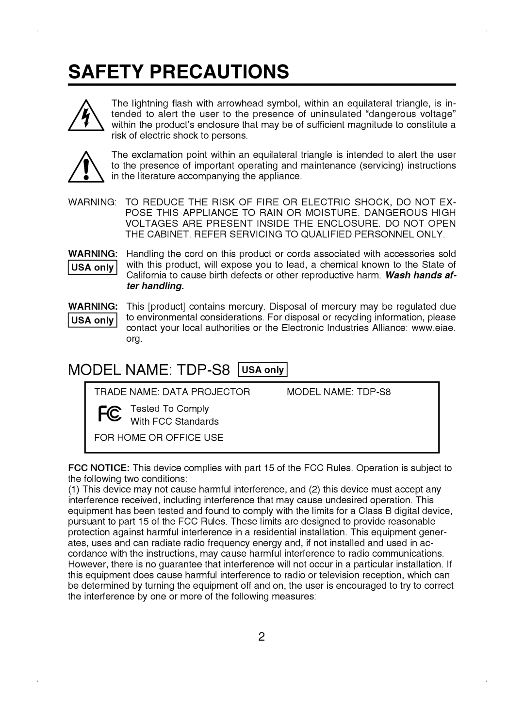 Toshiba TDP-S8 owner manual Safety Precautions, USA only 