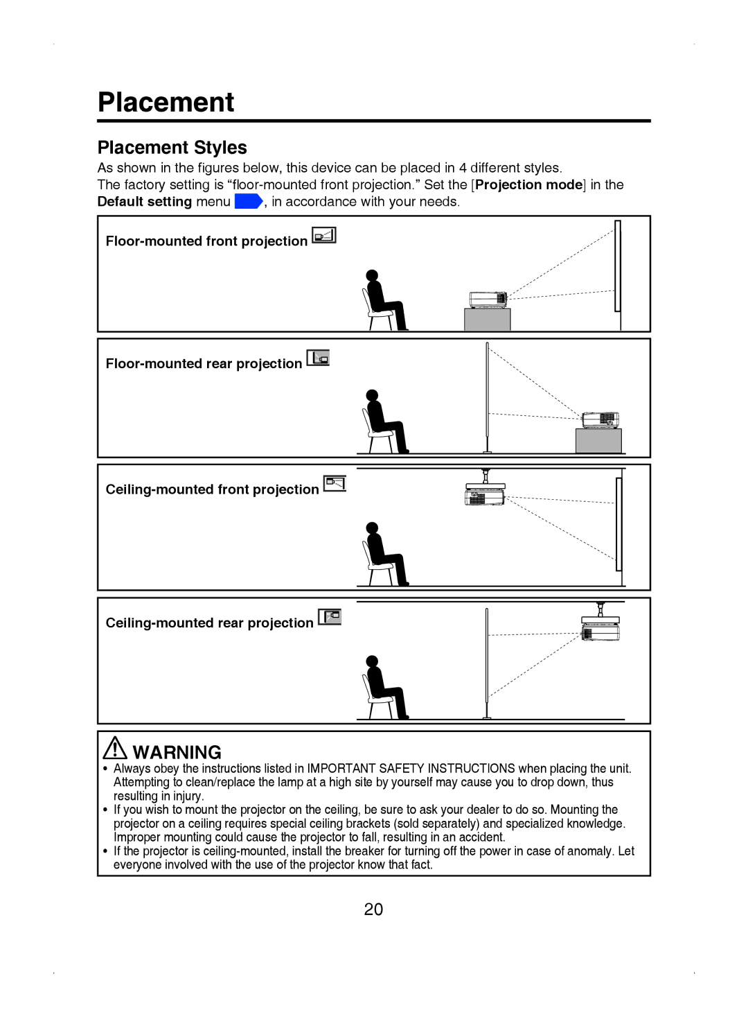 Toshiba TDP-S8 owner manual Placement Styles, Floor-mounted front projection 