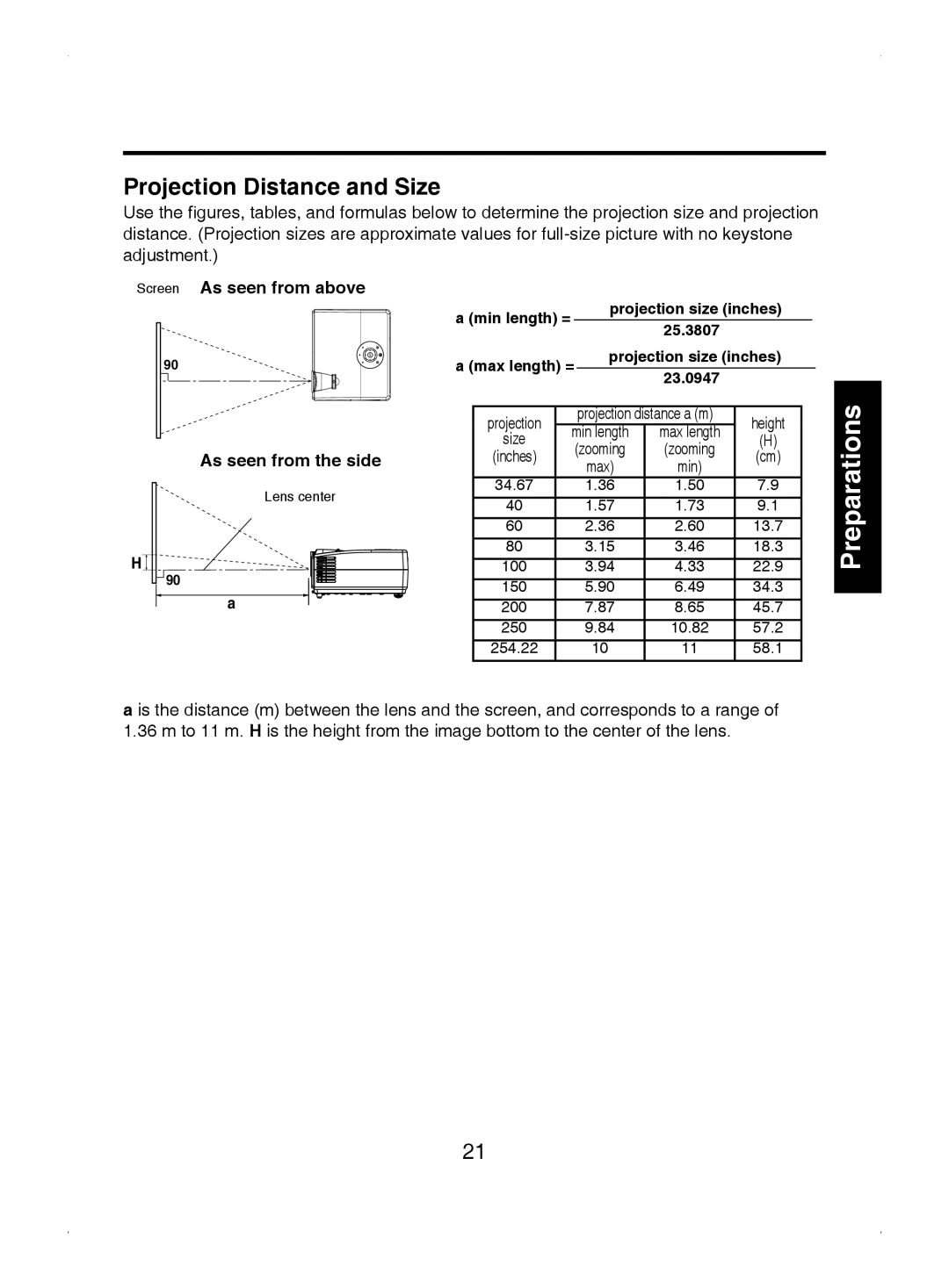 Toshiba TDP-S8 owner manual As seen from the side, Projection Distance and Size 