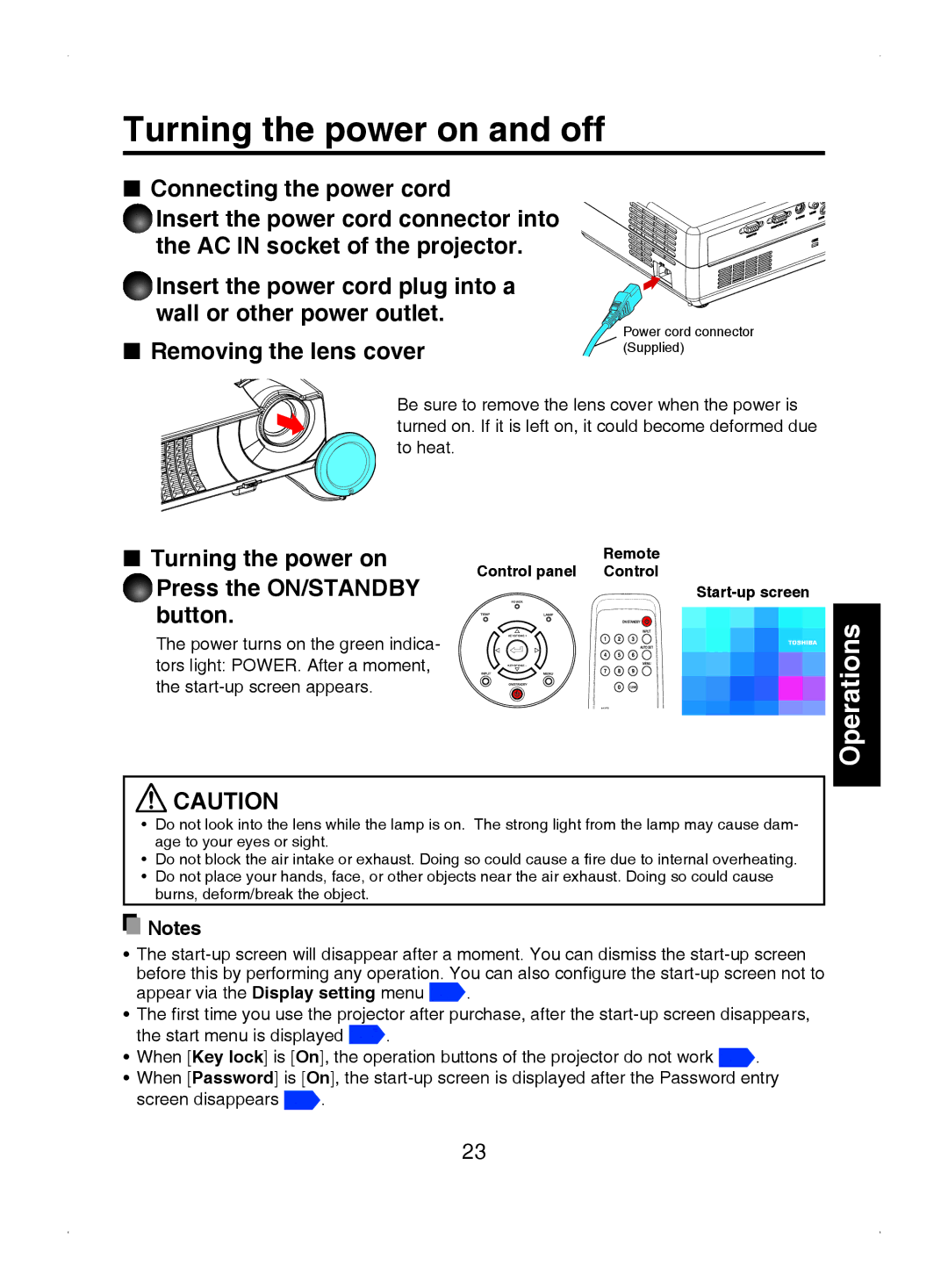 Toshiba TDP-S8 owner manual Turning the power on and off, Turning the power on Press the ON/STANDBY button 