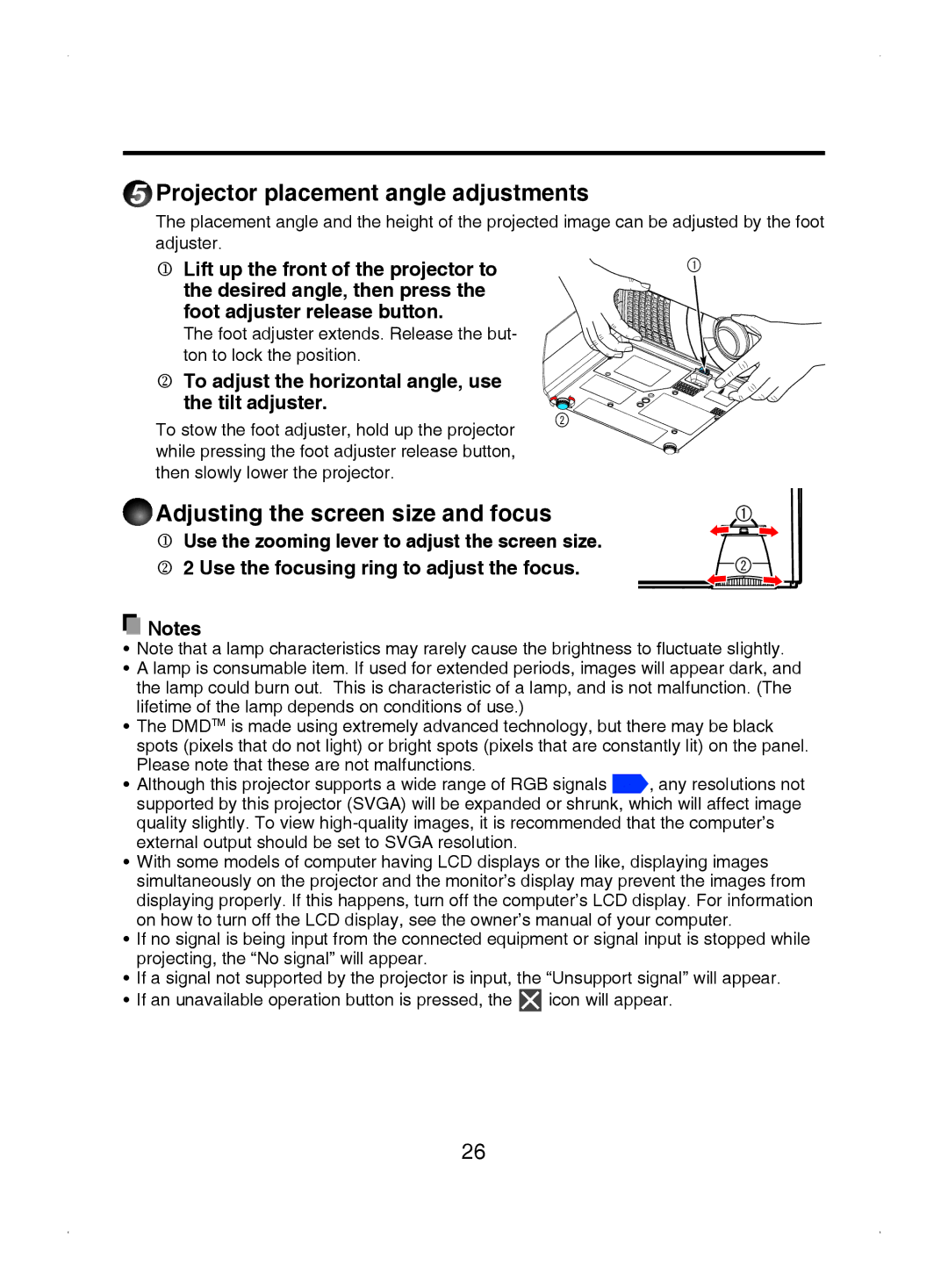 Toshiba TDP-S8 owner manual Projector placement angle adjustments, Adjusting the screen size and focus 