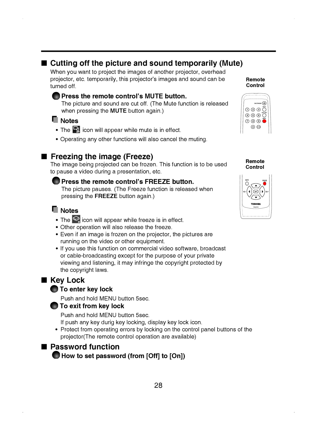 Toshiba TDP-S8 Cutting off the picture and sound temporarily Mute, Freezing the image Freeze, Key Lock, Password function 