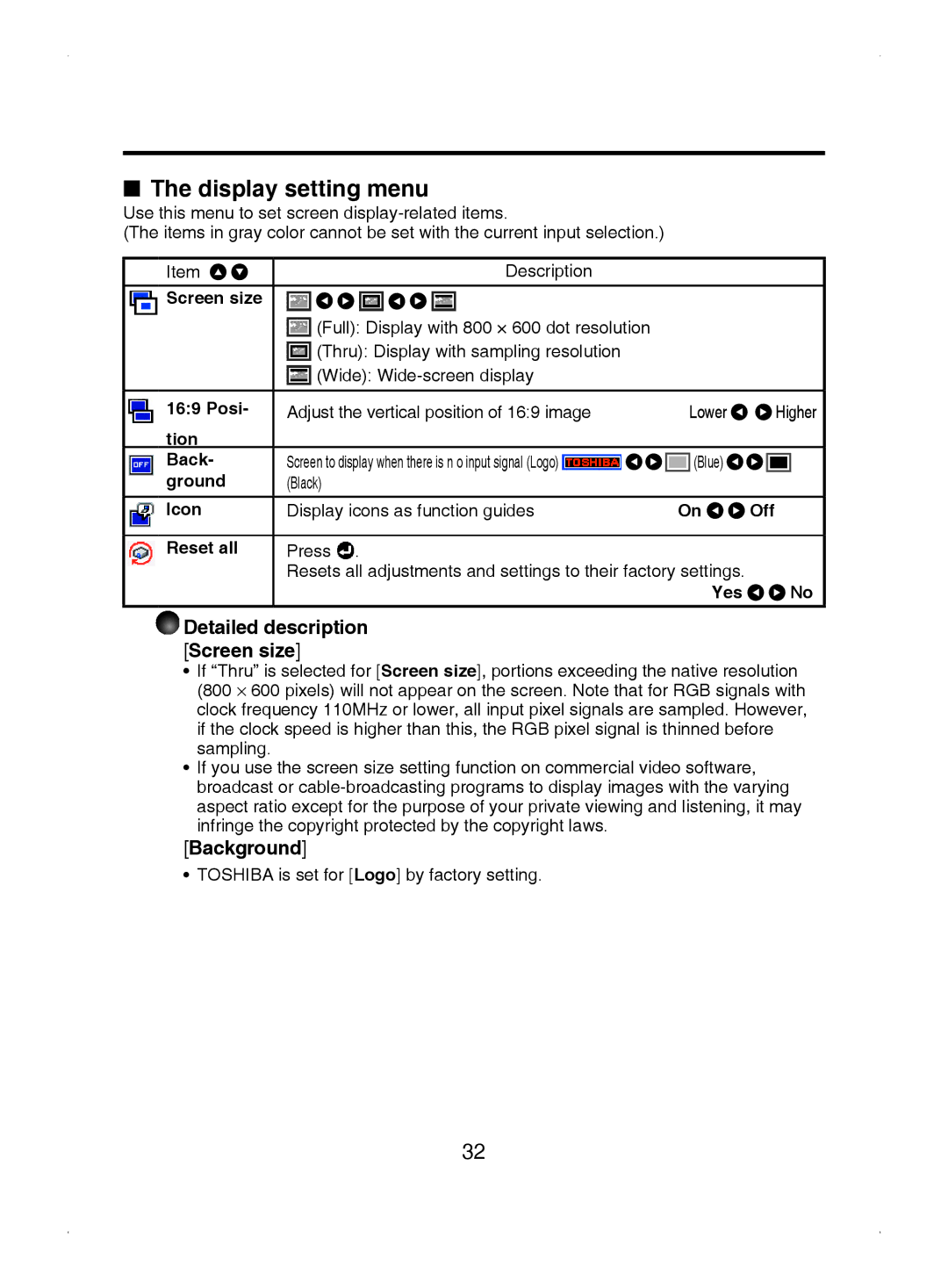 Toshiba TDP-S8 owner manual Display setting menu, Detailed description Screen size, Background 