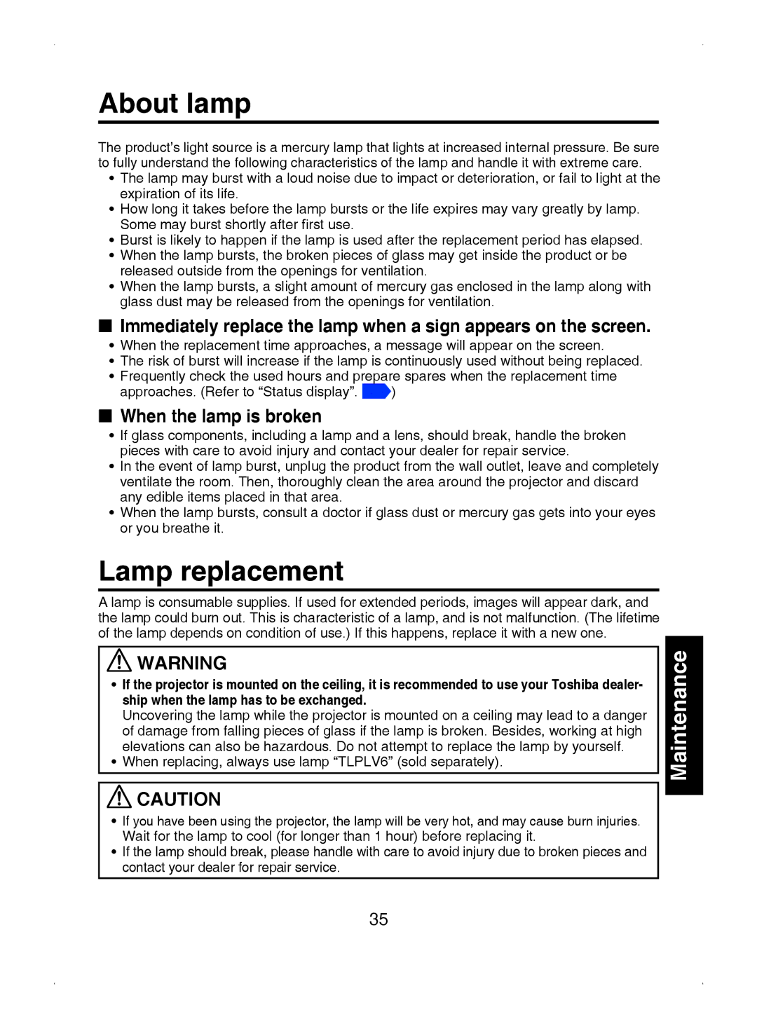 Toshiba TDP-S8 owner manual About lamp, Lamp replacement, When the lamp is broken 