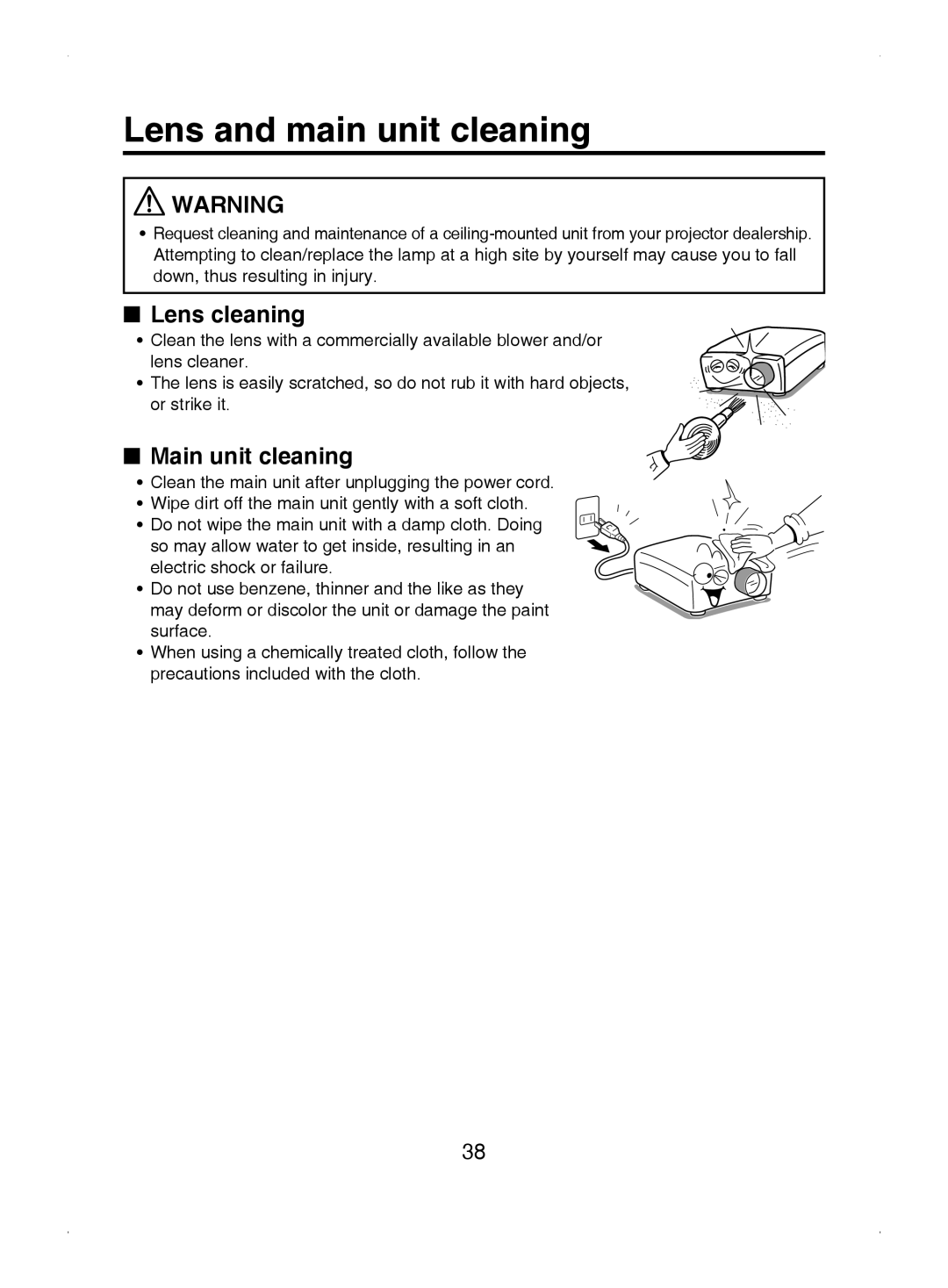 Toshiba TDP-S8 owner manual Lens and main unit cleaning, Lens cleaning, Main unit cleaning 