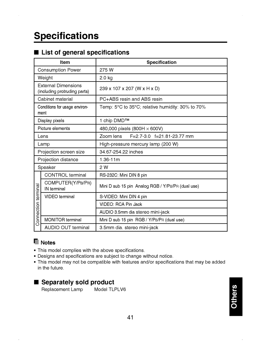 Toshiba TDP-S8 owner manual Speciﬁcations, List of general speciﬁcations, Separately sold product 