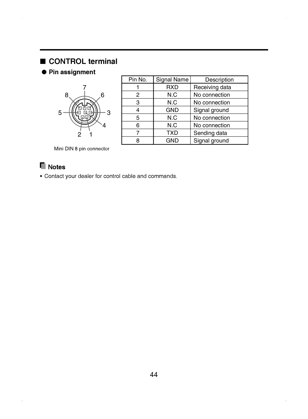 Toshiba TDP-S8 owner manual Control terminal, Pin assignment 