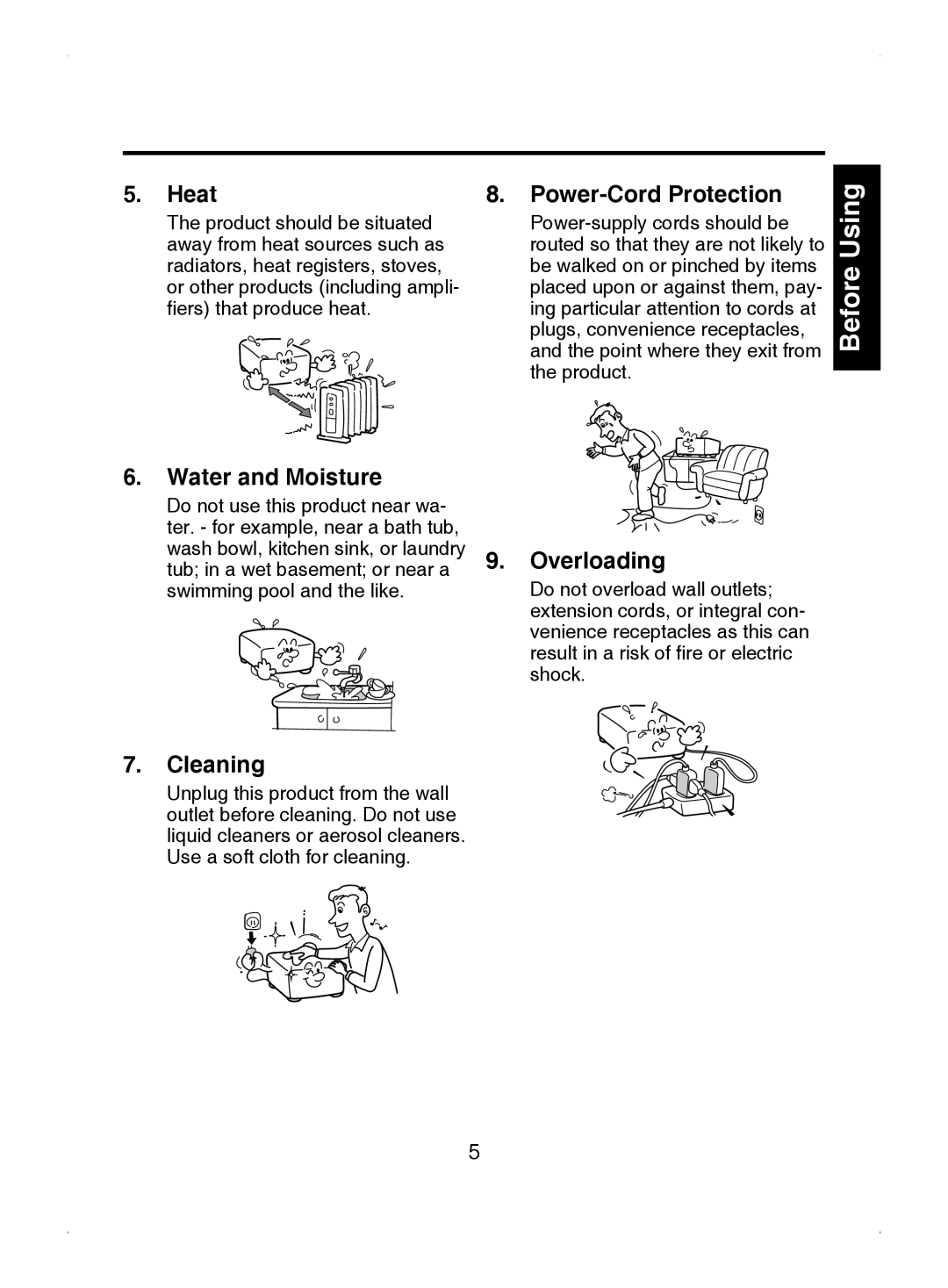 Toshiba TDP-S8 owner manual Heat, Power-Cord Protection, Water and Moisture, Overloading, Cleaning 