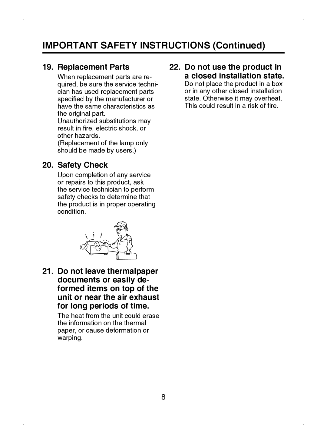 Toshiba TDP-S8 owner manual Important Safety Instructions, Replacement Parts, Safety Check 