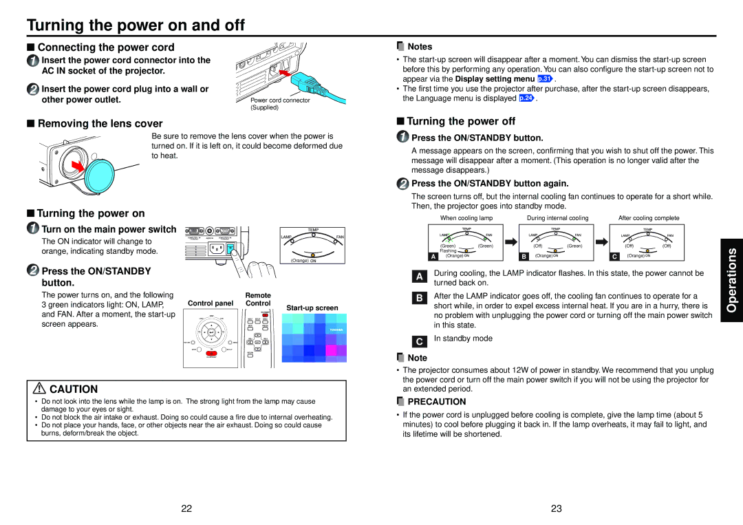 Toshiba TDP-S81 owner manual Turning the power on and off, Operations 