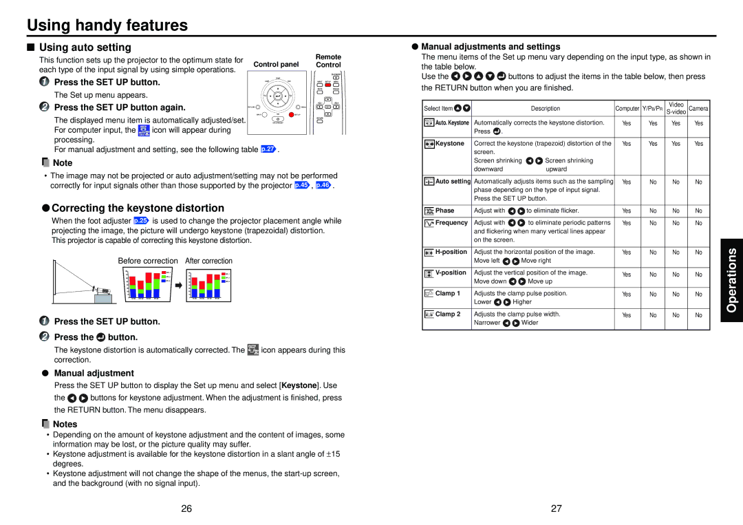 Toshiba TDP-S81 owner manual Using handy features, Using auto setting, Correcting the keystone distortion 