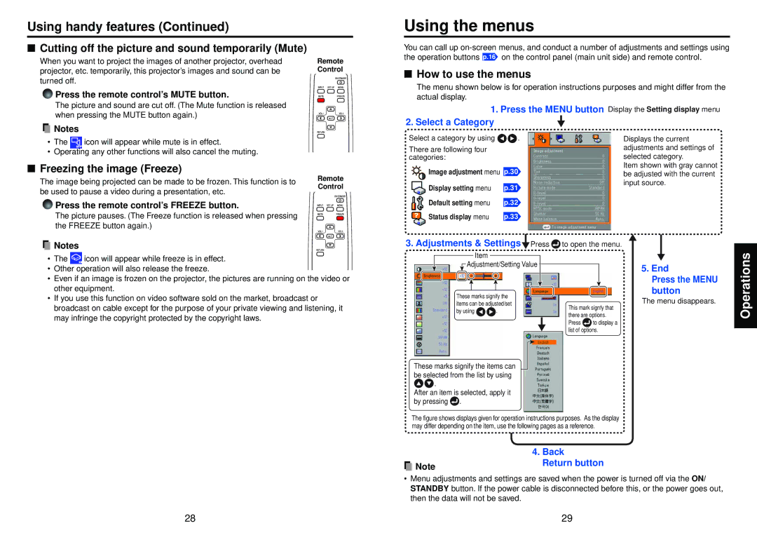 Toshiba TDP-S81 owner manual Using the menus, Using handy features, Cutting off the picture and sound temporarily Mute 