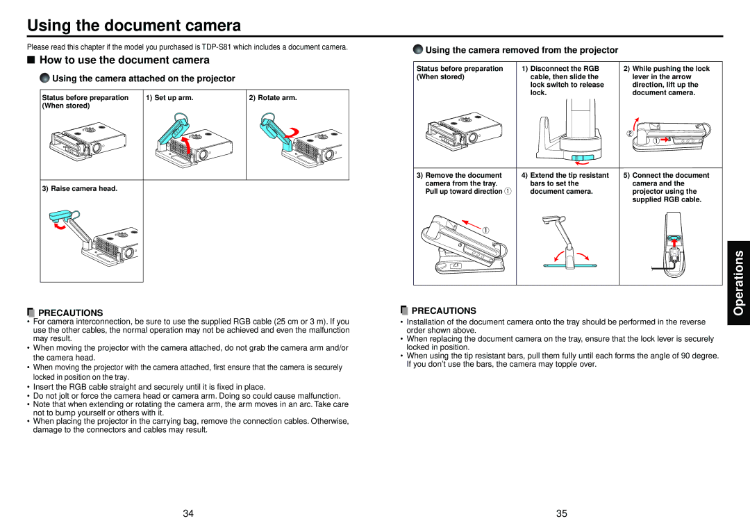 Toshiba TDP-S81 owner manual Using the document camera, How to use the document camera 