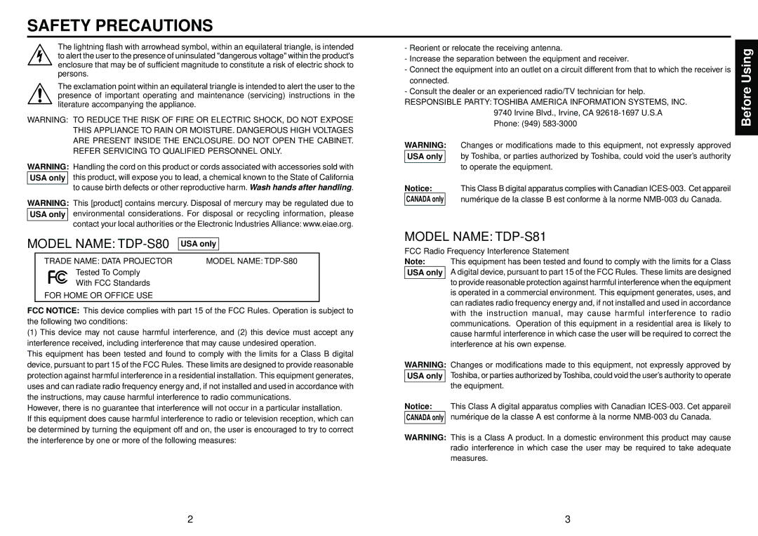 Toshiba TDP-S81 owner manual Safety Precautions, Using, Before, USA only 