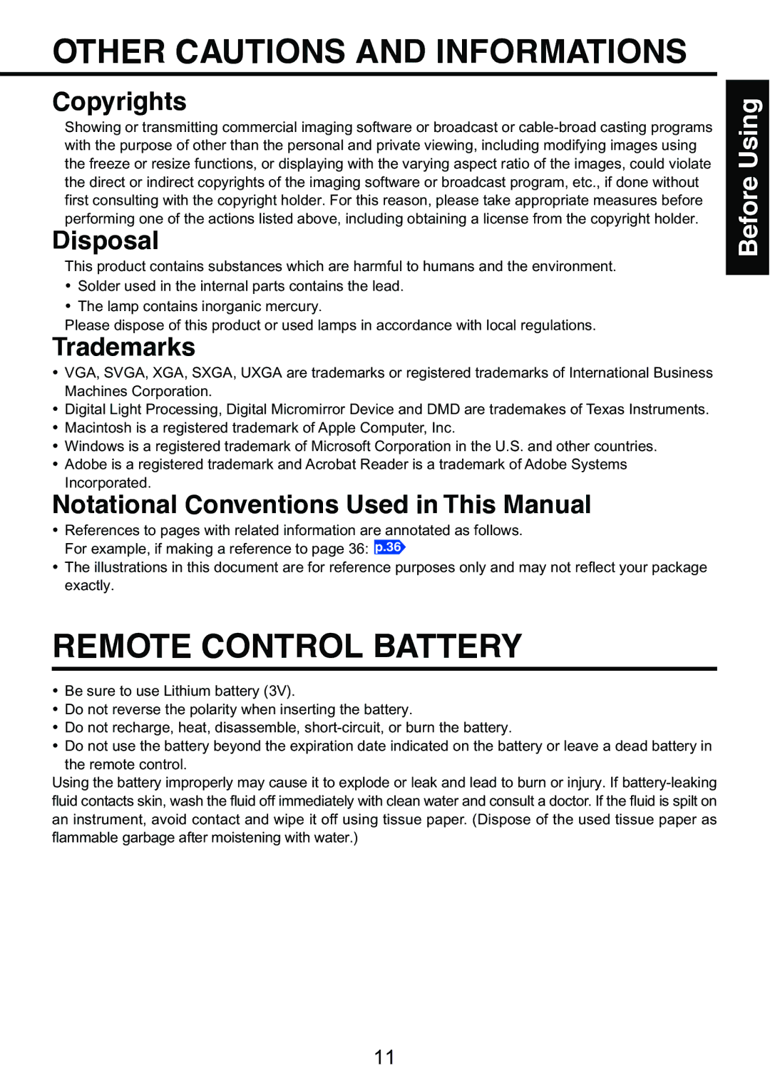 Toshiba TDP-S9 owner manual Other Cautions and Informations, Remote Control Battery 