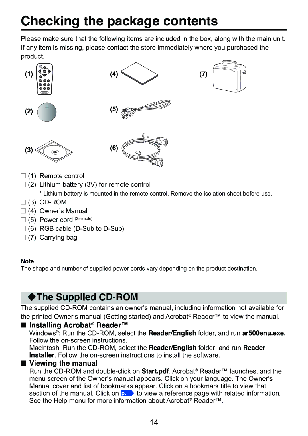 Toshiba TDP-S9 owner manual Checking the package contents 