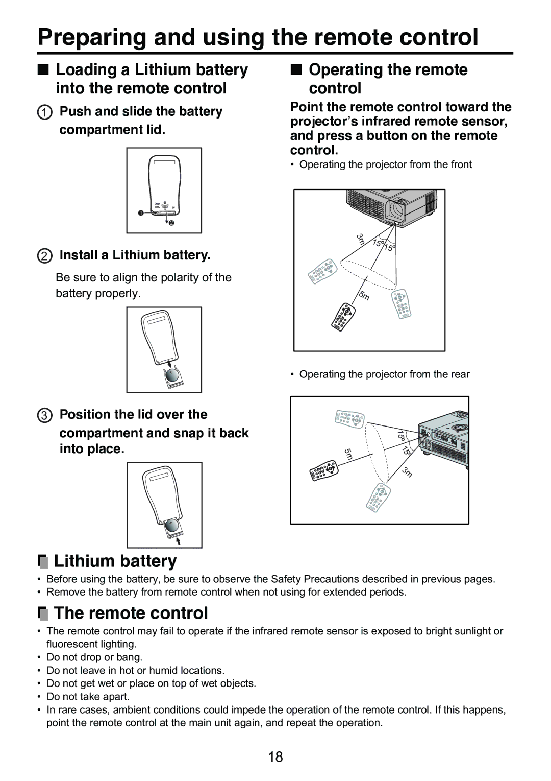 Toshiba TDP-S9 owner manual Preparing and using the remote control, Loading a Lithium battery into the remote control 